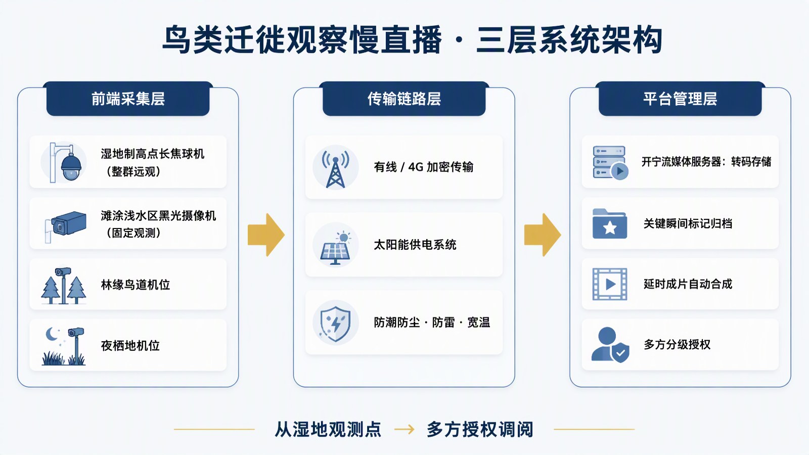 开宁鸟类迁徙观察慢直播三层系统架构图：前端采集层、传输链路层、平台管理层，从湿地观测机位到多方授权