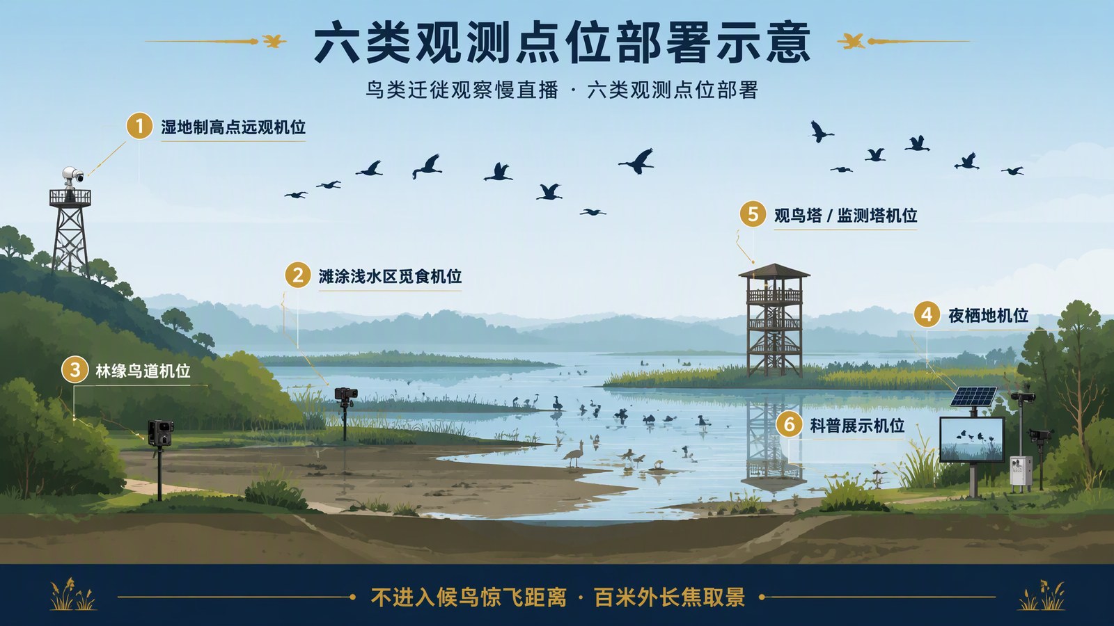开宁鸟类迁徙观察慢直播六类观测点位部署示意图：湿地制高点、滩涂浅水区、林缘鸟道、夜栖地、观鸟塔、科普展示机位