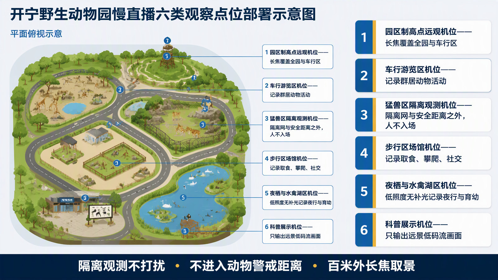 开宁野生动物园慢直播六类观察点位部署示意图：园区制高点、车行游览区、猛兽区隔离位、步行区场馆、夜栖与水禽湖、科普展示机位