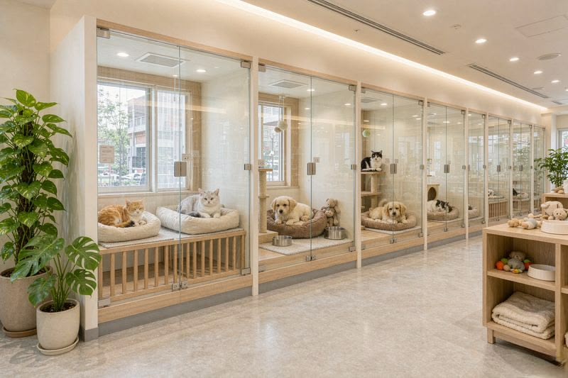 开宁宠物店寄养慢直播门店部署实景：寄养区玻璃套房与机位布设，无畸变高清摄像机覆盖寄养间