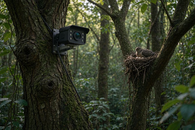 开宁鸟巢慢直播设备部署实景：开宁有线18灯款观鸟摄像机远距离对准鸟巢，零干扰定点观测