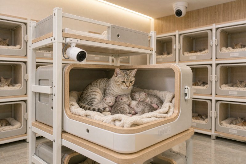 开宁宠物繁育慢直播基地部署实景：猫舍产房与育幼区机位布设，RTMP 慢直播摄像机覆盖产房育幼箱与活动区